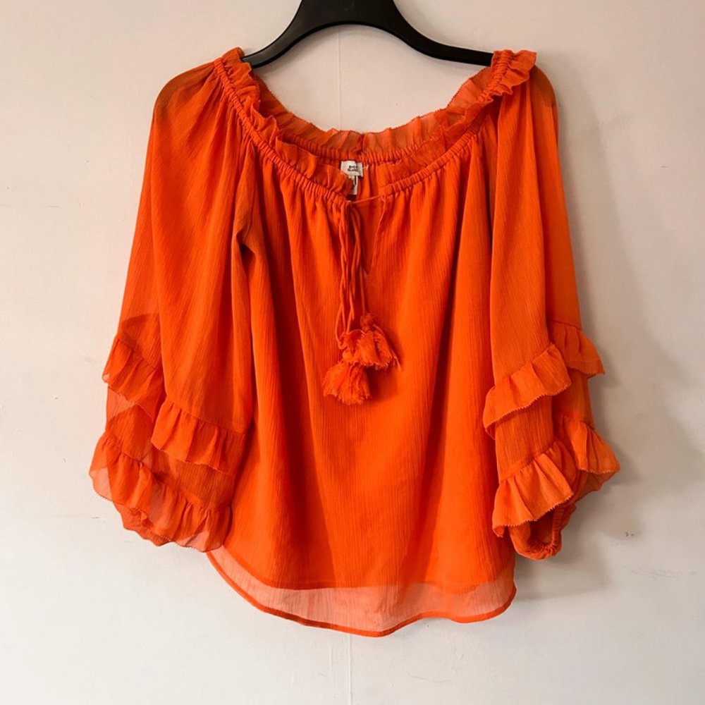 river island womens uk 14 orange chiffon ruffle stretchy tassel blouse top - Picture 1 of 6